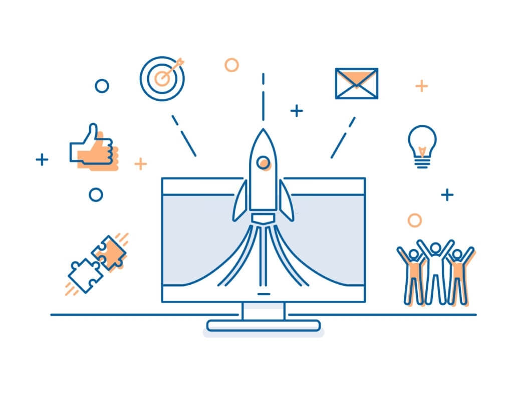 Rocket soaring over a desktop monitor